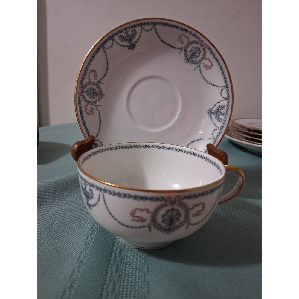 Haviland Limoges France Teacup and Saucer Set Blue Pink Garland Gold TrimAntique